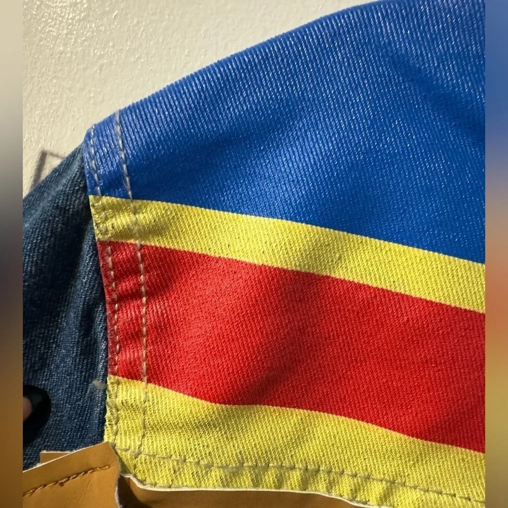 Thunderbird Print Jean Jacket Vegan Leather Fringe Colorful Eagle Western Boho